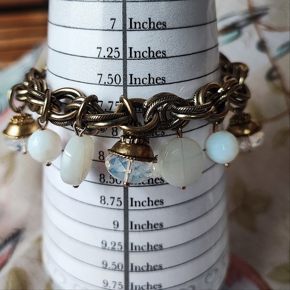 Stone Glass Moonstone Bracelet and Pierced Earrings Brass Tone Angela Rustini - Picture 5 of 8